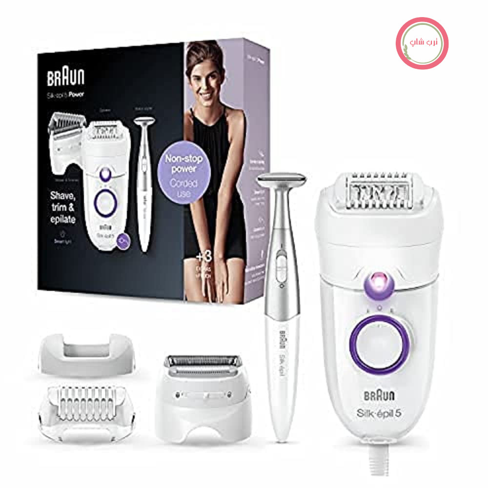 اپیلاتور برقی براون مدل Silk-épil 5-825 Power، مخصوص خانم‌ها، رفع موهای زائد ملایم، قدرت مداوم با سیم، سری تیغ و کلاهک، ناحیه بیکینی، سفید/بنفش. قدرت مداوم با سیم، سری تیغ و کلاهک، ناحیه بیکینی.
