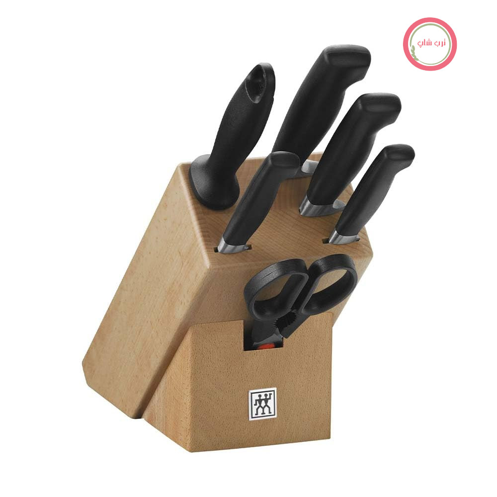 چاقوی چهار ستاره ZWILLING، 7 تکه، چوب راش، چاقوها، فولاد تیزکن و قیچی، دسته استیل ضد زنگ/پلاستیکی ارگونومیک، مشکی [ساخت آلمان] 7 تکه چهار ستاره