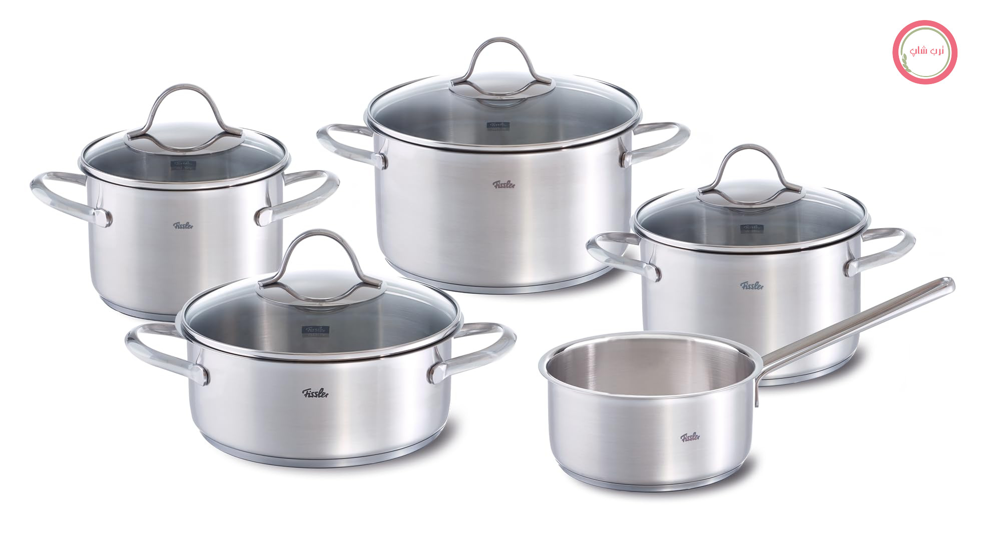 سرویس قابلمه ۵ تکه فیسلر پالرمو/استیل ضد زنگ، قابلمه‌ها شامل درب شیشه‌ای (۳ قابلمه، ۱ تابه کباب‌پزی، ۱ قابلمه کوچک) – القایی