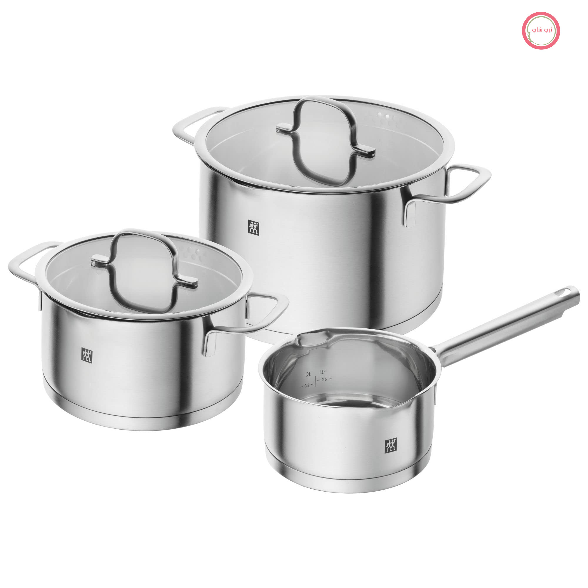 سرویس قابلمه سه تکه ZWILLING TrueFlow با درب شیشه‌ای، مناسب برای اجاق گازهای القایی، بدون روکش، استیل ضد زنگ، روکش مات، نقره‌ای.