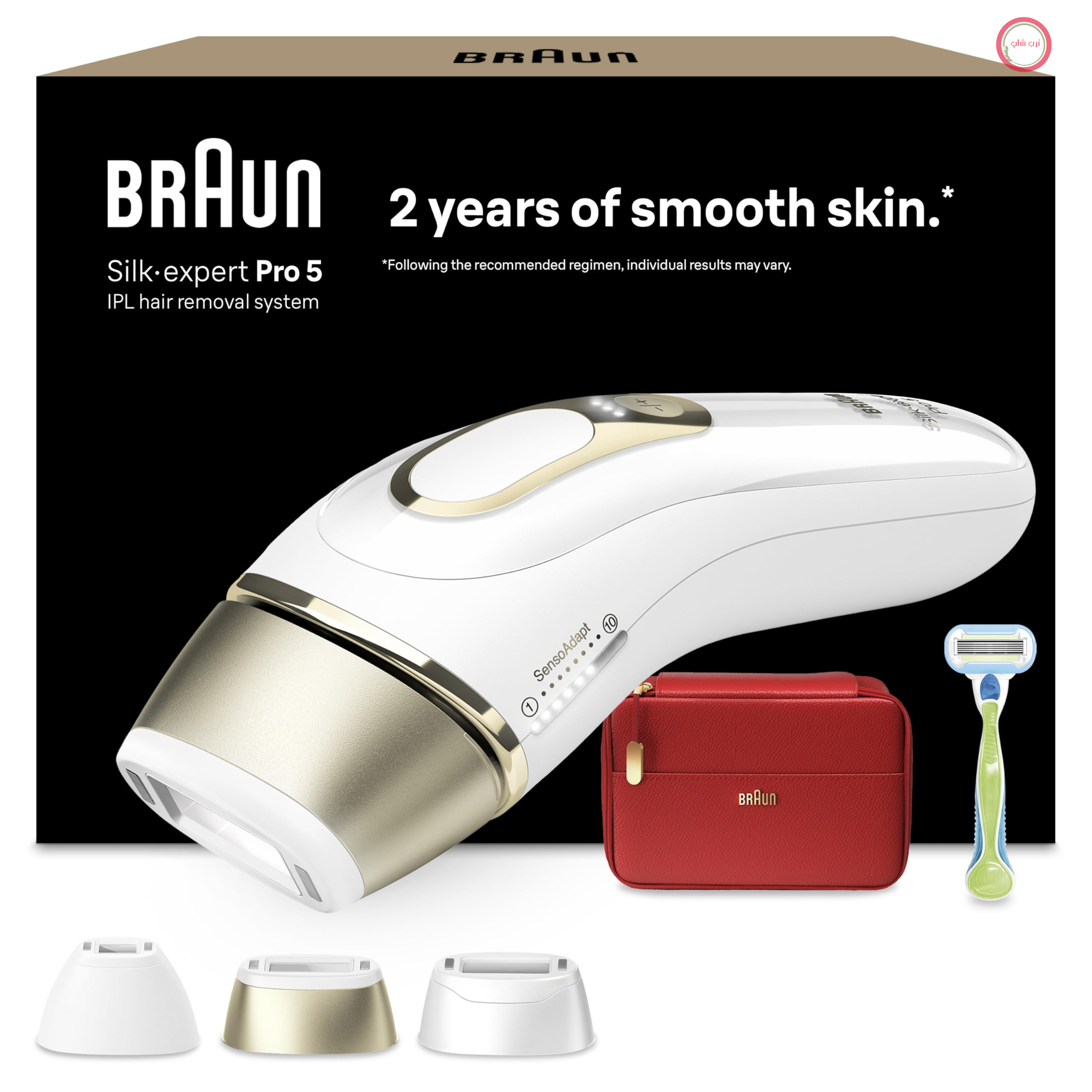 دستگاه رفع موهای زائد Braun IPL مدل Silk·expert Pro 5 — رفع دائمی و بدون درد موهای زائد برای استفاده در منزل — شامل قاب، تیغ ژیلت ونوس، ۳ قطعه جانبی، طراحی شده در آلمان — PL5262، سفید/طلایی