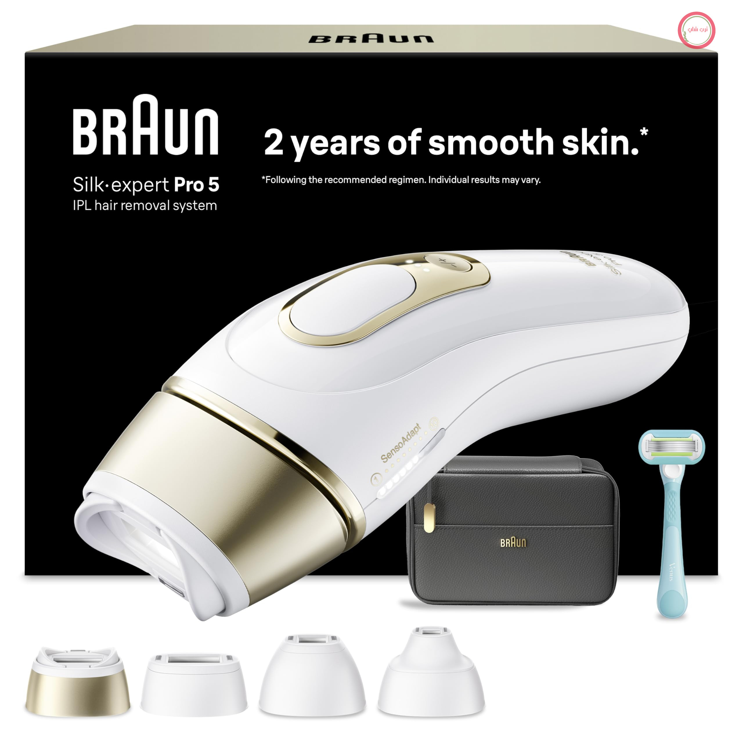 دستگاه رفع موهای زائد Braun Smart IPL Silk·expert Pro 5 — لیزر حرفه‌ای دائمی موهای زائد برای استفاده در منزل، طراحی شده در آلمان — شامل کیف، تیغ Venus، 4 قطعه الحاقی — PL5431، سفید/طلایی