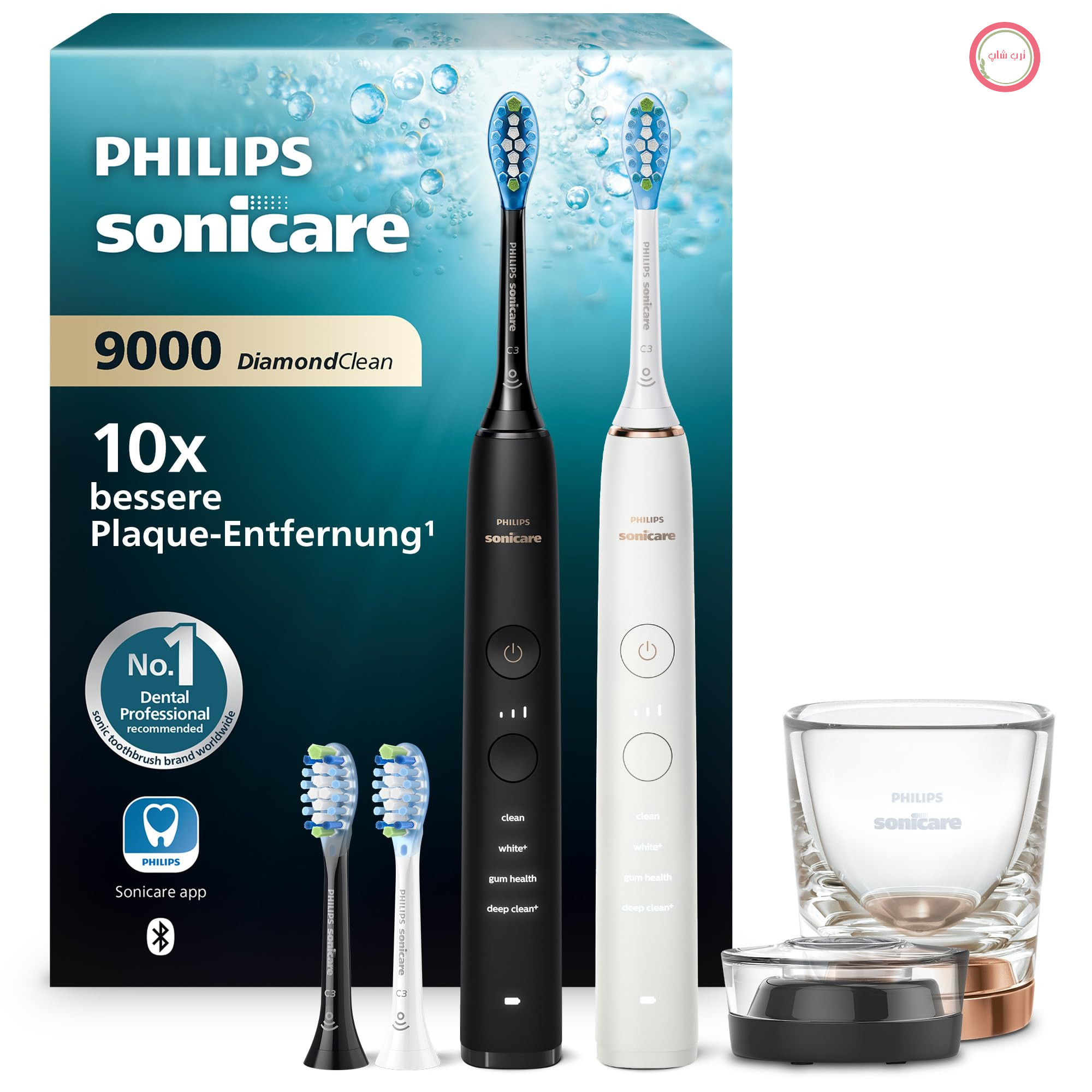 مسواک برقی Philips Sonicare DiamondClean 9000، بسته دوتایی، مسواک صوتی شامل برنامه، حسگر فشار، ۴ حالت تمیز کردن، ۳ سطح شدت، مشکی و رزگلد، مدل HX9914/61 Sonicare 9000، مشکی/رزگلد