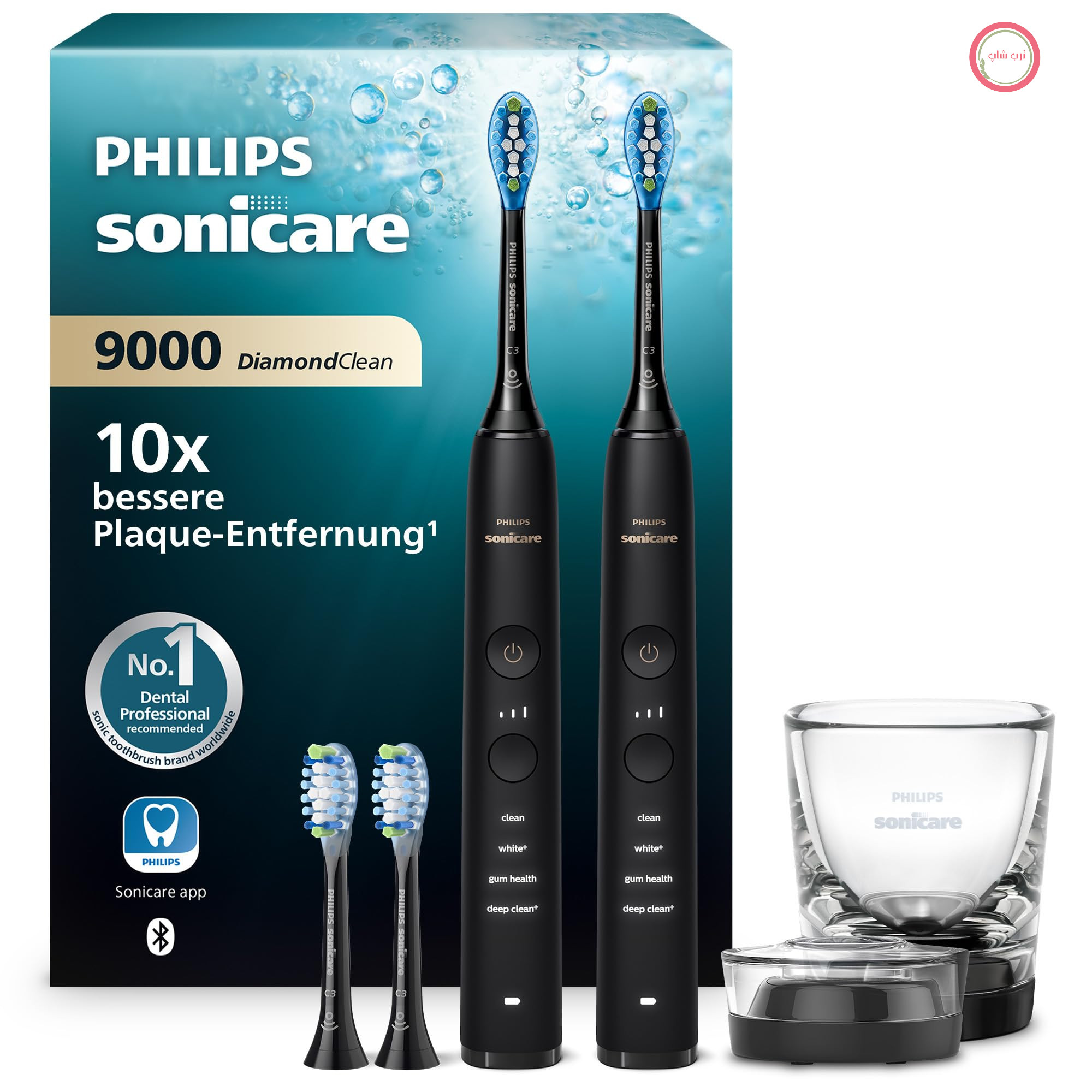 مسواک برقی Philips Sonicare DiamondClean 9000، بسته دوتایی، مسواک صوتی با برنامه، حسگر فشار، ۴ حالت تمیز کردن، ۳ سطح شدت، شارژ شیشه، مشکی، مدل HX9914/63 Sonicare 9000، مشکی/مشکی