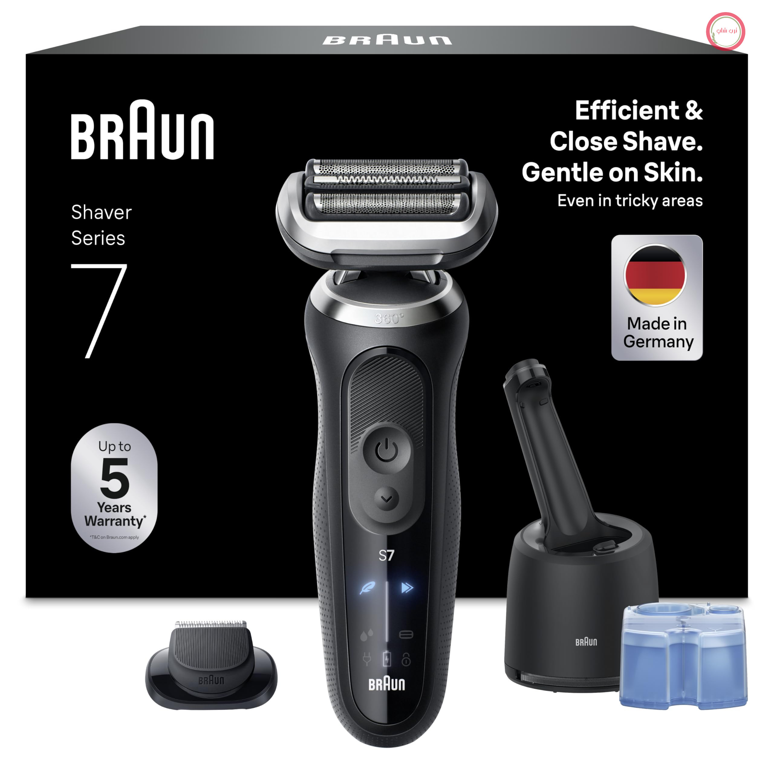ریش تراش برقی براون سری 7 مخصوص آقایان، N7200cce، مشکی - ریش تراش برقی بی سیم، اصلاح کننده ریش با باتری 60 دقیقه ای، ضد آب، ساخت آلمان، شامل 1 قطعه ضمیمه و مرکز مراقبت هوشمند 4 در 1
