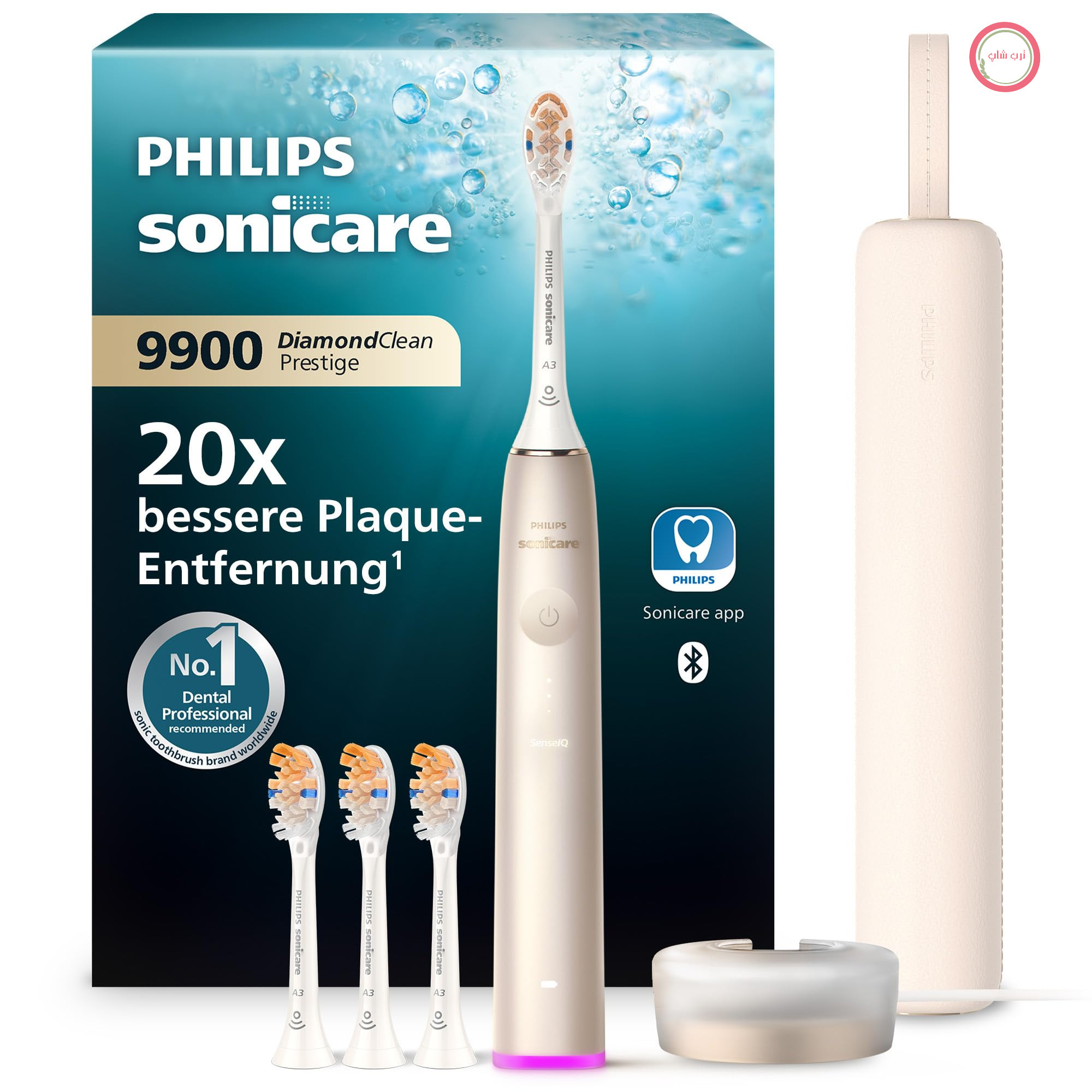 مسواک برقی Philips Sonicare DiamondClean 9900 Prestige، با فناوری و اپلیکیشن SenseIQ، 5 حالت تمیز کردن، 3 سطح شدت، جعبه شارژ مسافرتی، شامپاینی، مدل HX9992/44 Sonicare 9900، شامپاینی، 4 سر برس