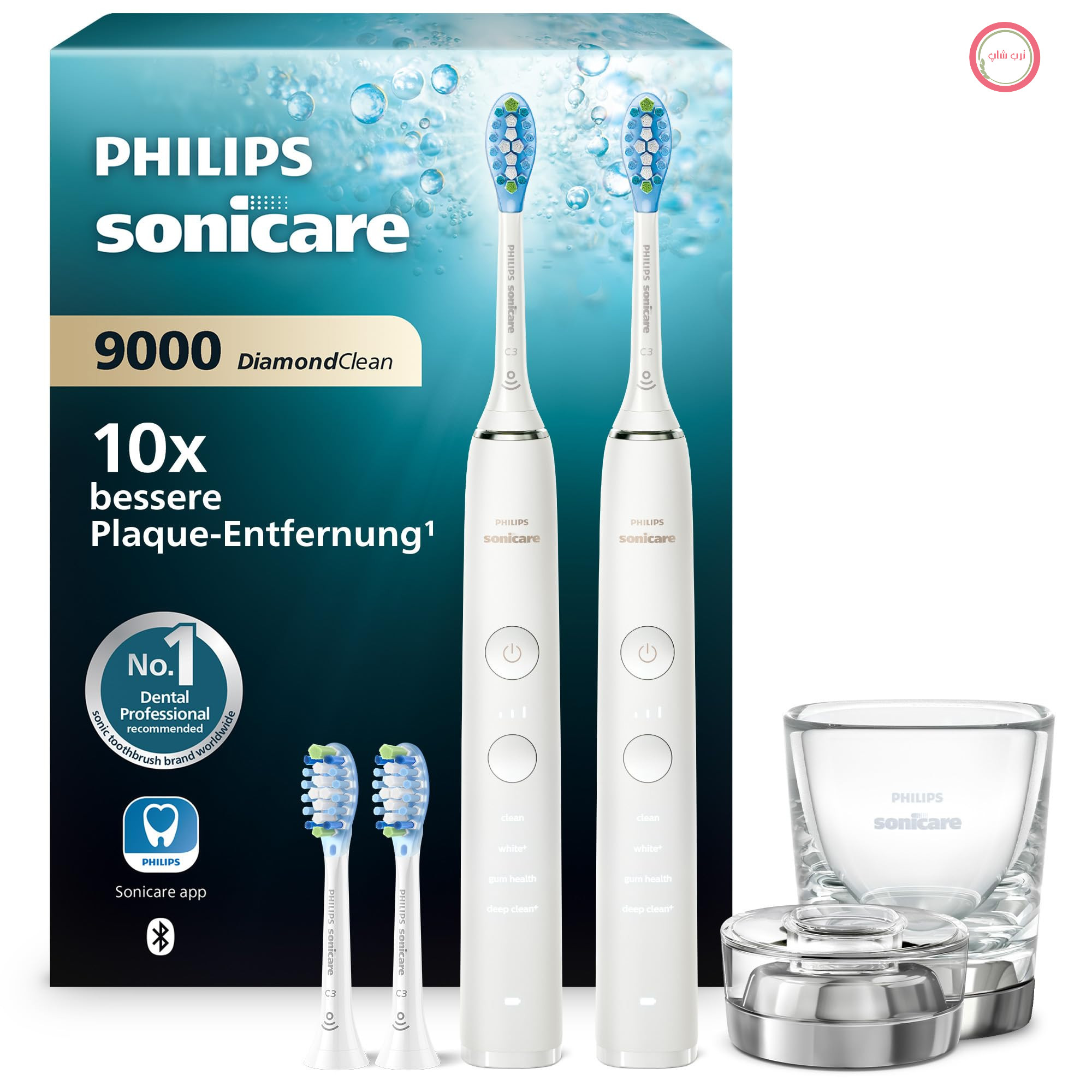 مسواک برقی Philips Sonicare DiamondClean 9000، بسته دوتایی، مسواک صوتی شامل برنامه، حسگر فشار، 4 حالت تمیز کردن، 3 سطح شدت، شیشه شارژ، سفید، مدل HX9914/62 Sonicare 9000، سفید/سفید