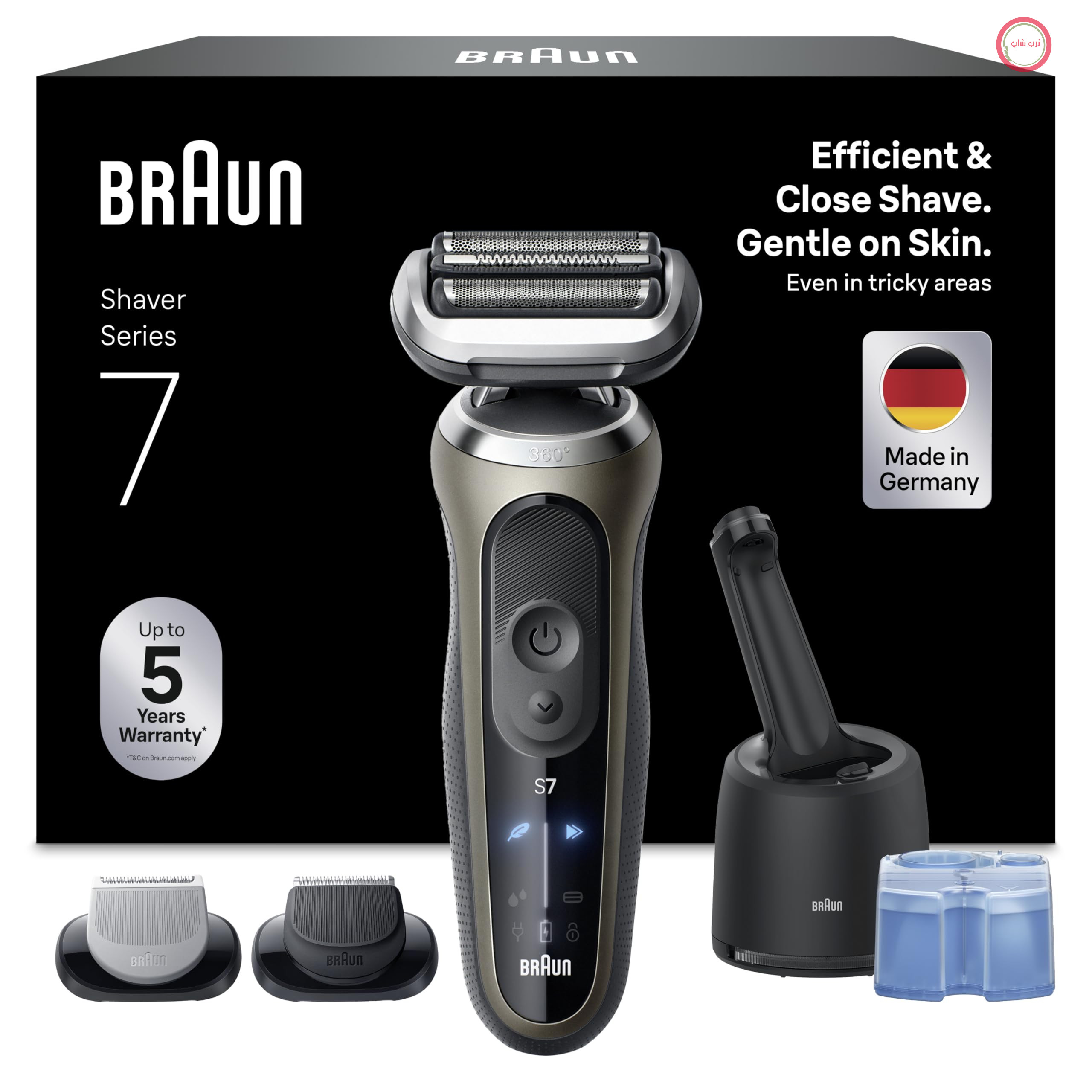 ریش تراش برقی مردانه براون سری 7، باتری 60 دقیقه‌ای، مرکز مراقبت هوشمند 4 در 1، +2 ضمیمه، ریش تراش بی سیم مخصوص آقایان، ضد آب، ساخت آلمان، 72-C7650cc، طلایی