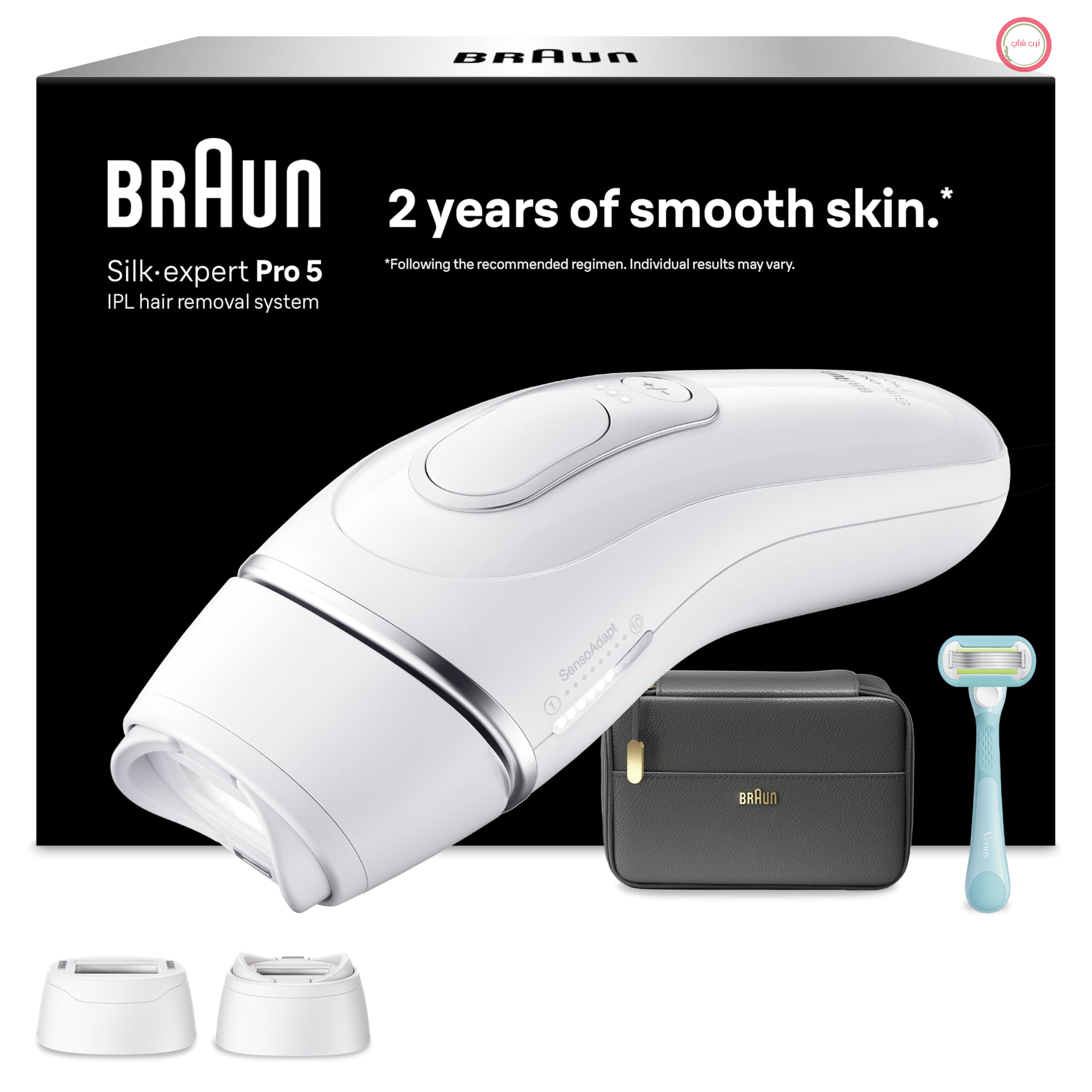 دستگاه رفع موهای زائد Braun Smart IPL Silk·expert Pro 5 — لیزر موهای زائد دائمی حرفه‌ای برای استفاده در منزل، طراحی شده در آلمان — شامل کیف، تیغ ونوس، 2 قطعه جانبی — PL5234، سفید/نقره‌ای