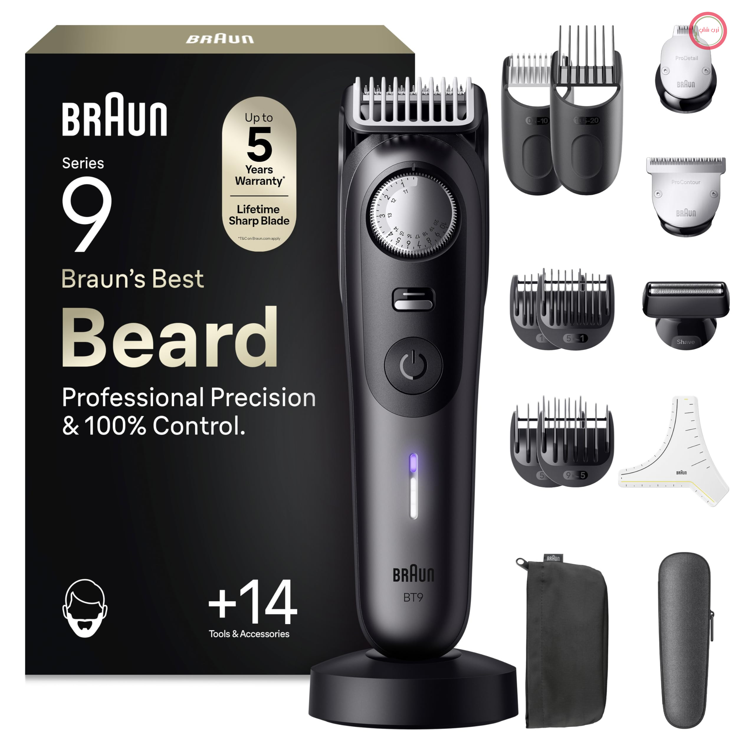 ماشین اصلاح ریش براون سری 9، ماشین اصلاح ریش برقی مردانه با 14 ابزار آرایشگری، تیغه ProBlade فوق العاده تیز، 180 دقیقه عمر باتری، ریش تراش بی سیم، 52 عدد، ضد آب، BT9565، تیتانیوم + 14 ضمیمه