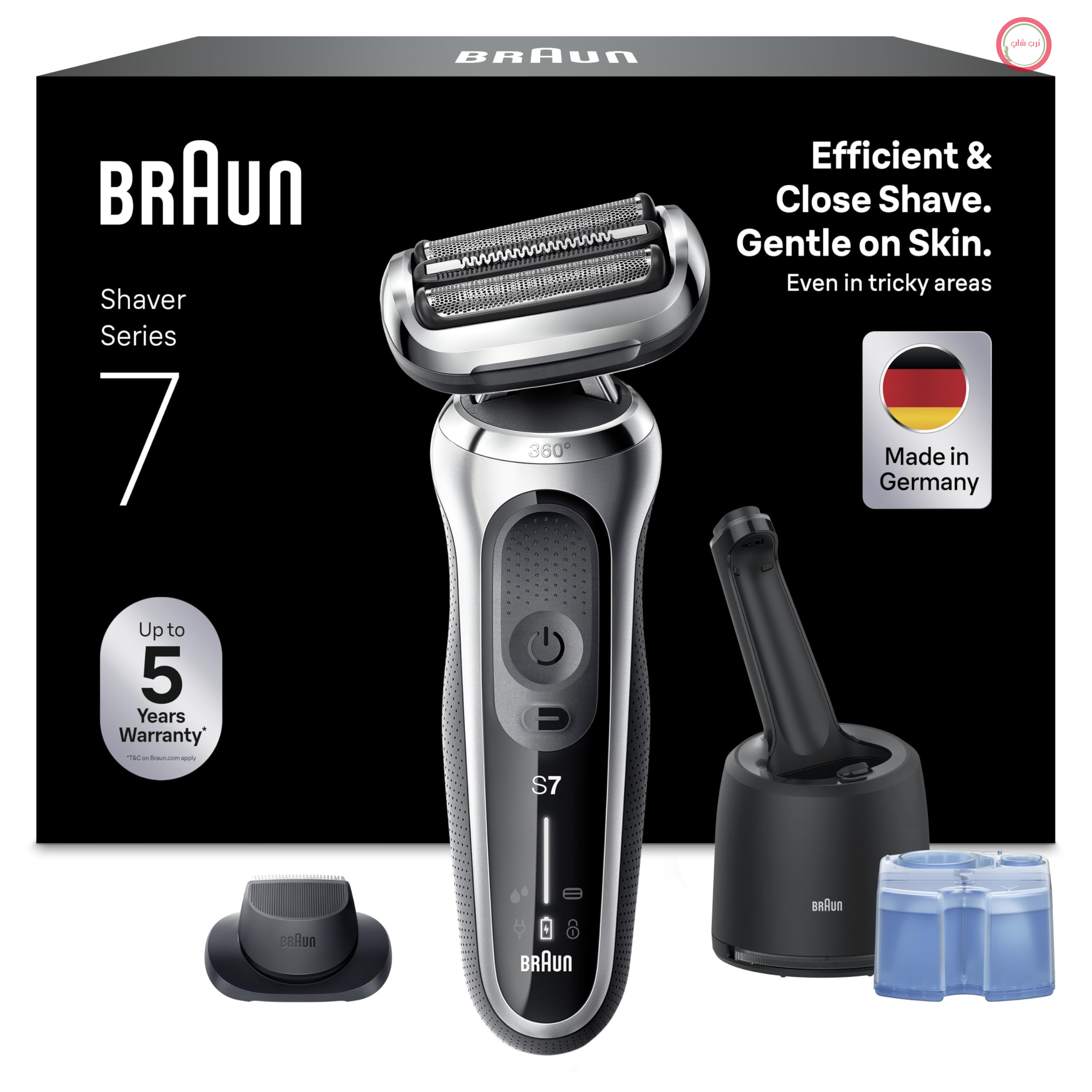 ریش تراش برقی براون سری 7، 360 درجه فلکس با پایه تمیزکننده، ماشین اصلاح و ریش تراش مردانه، برقی، خشک و مرطوب، ریش تراش برقی، ریش تراش خشک، ساخت آلمان، 71-S7200cc، نقره‌ای