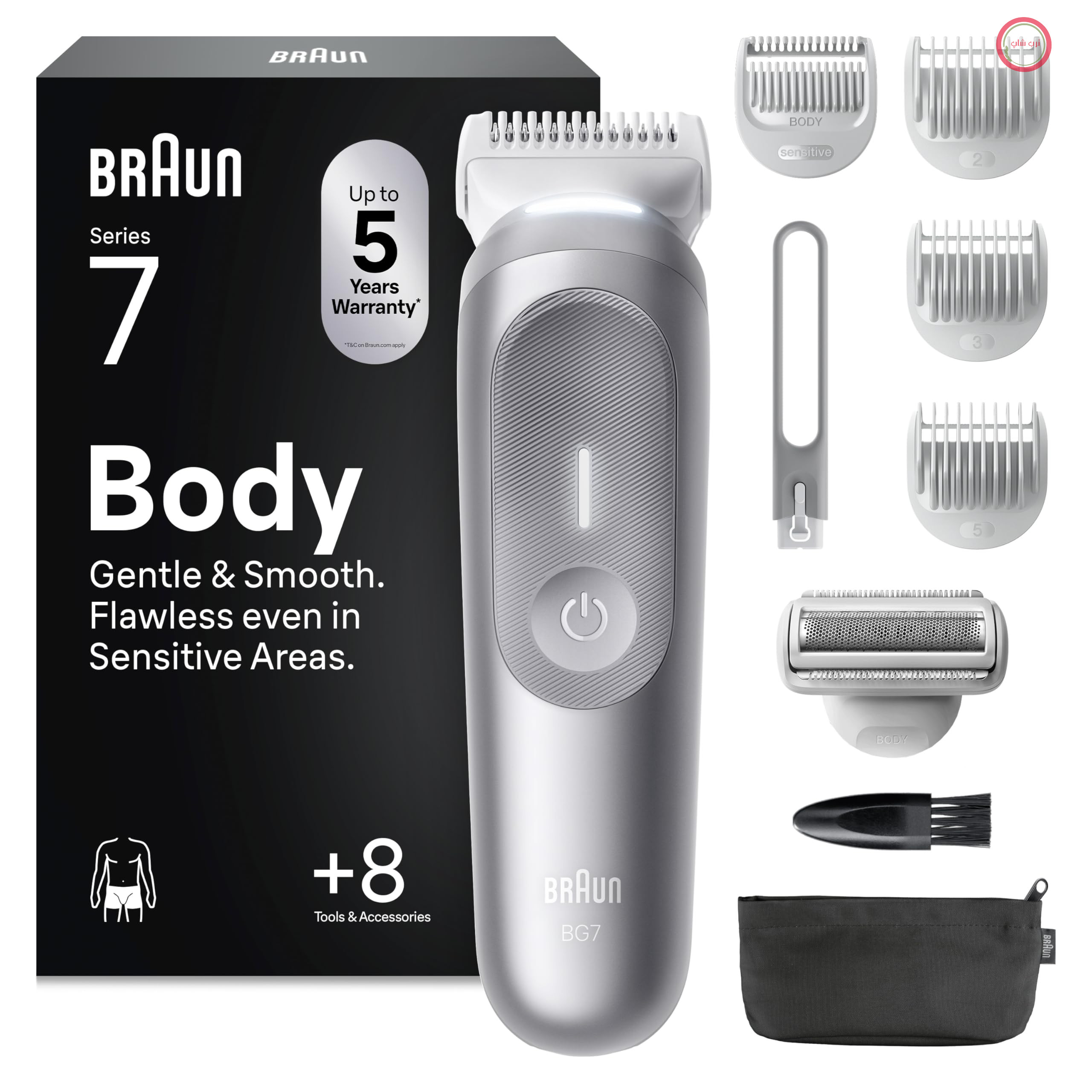 ماشین اصلاح بدن براون سری 7، ریش تراش بی سیم مردانه، BG7555، خاکستری - اصلاح کننده موهای زائد ناحیه تناسلی و بدن، اصلاح کننده موهای بدن با باتری 100 دقیقه ای، ضد آب، شامل 8 لوازم جانبی و کیف + 8 ضمیمه