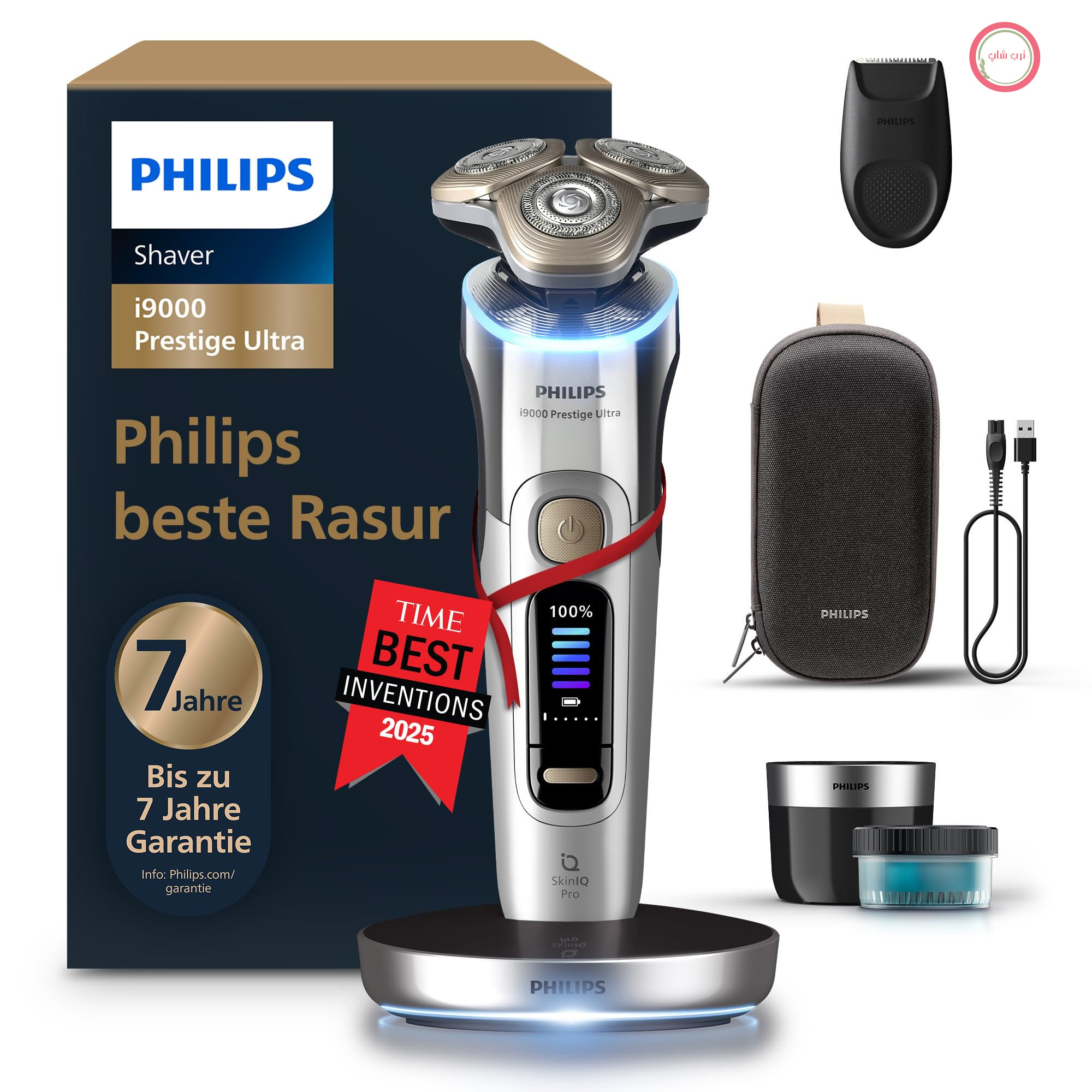 ریش تراش برقی Philips i9000 Prestige Ultra، ریش تراش خشک و مرطوب مردانه، کروم، حسگر فشار و حرکت، سری اصلاح، پایه تمیزکننده، پایه شارژ و کیف مسافرتی (XP9404/31) مشکی شامل پایه تمیزکننده، کیف پریمیوم و ماشین اصلاح دقیق