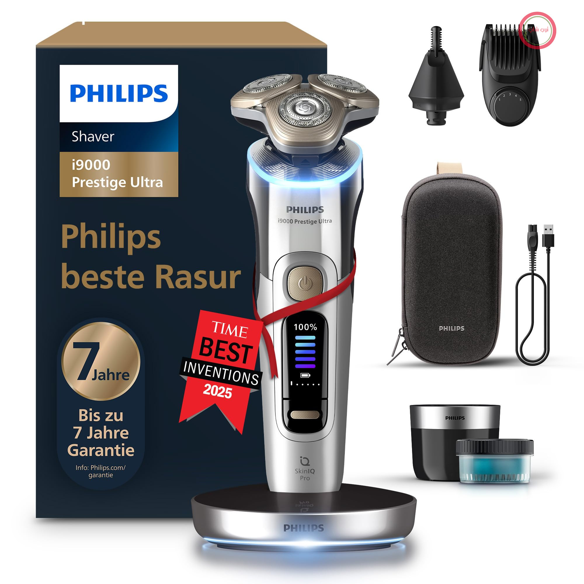 ریش‌تراش مردانه فیلیپس i9000 پرستیژ اولترا، اصلاح خشک و مرطوب، کروم، حسگر فشار و حرکت، حالت‌دهنده ریش 5+1، اصلاح‌کننده موی بینی، پایه تمیزکننده، پایه شارژ و کیف مسافرتی (XP9404/38) [جدید] i9000 پرستیژ اولترا، کیف مسافرتی، پایه شارژ، حالت‌دهنده ریش، اصلاح‌کننده موی بینی، QCP