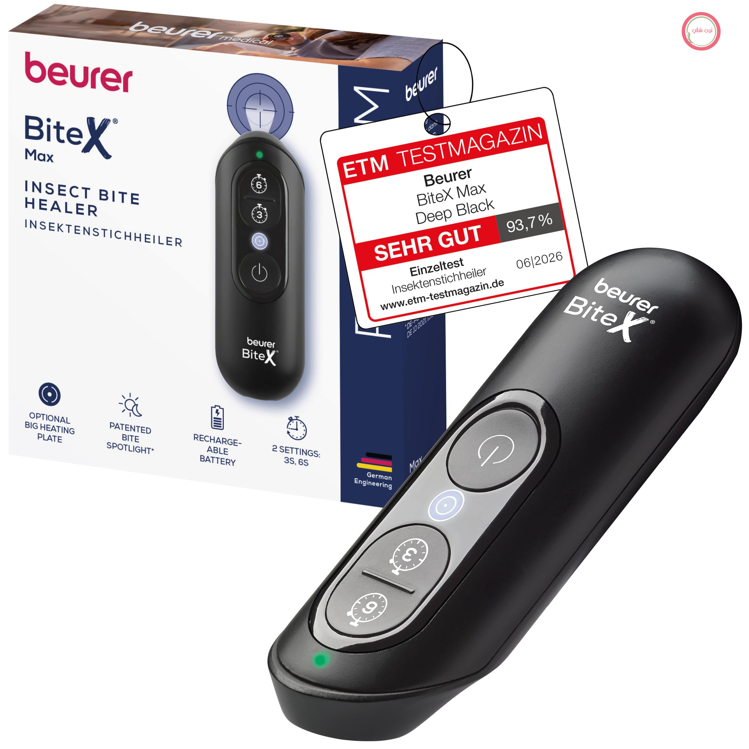 التیام دهنده گزش حشرات Beurer BiteX Max Deep Black با سطح گرمایش بزرگتر، قلم حرارتی گزش پشه برای درمان گزش و نیش حشرات، التیام دهنده گزش الکترونیکی، با باتری سبک و قابل شارژ، 9.8 x 3.5 x 2.1 سانتی متر