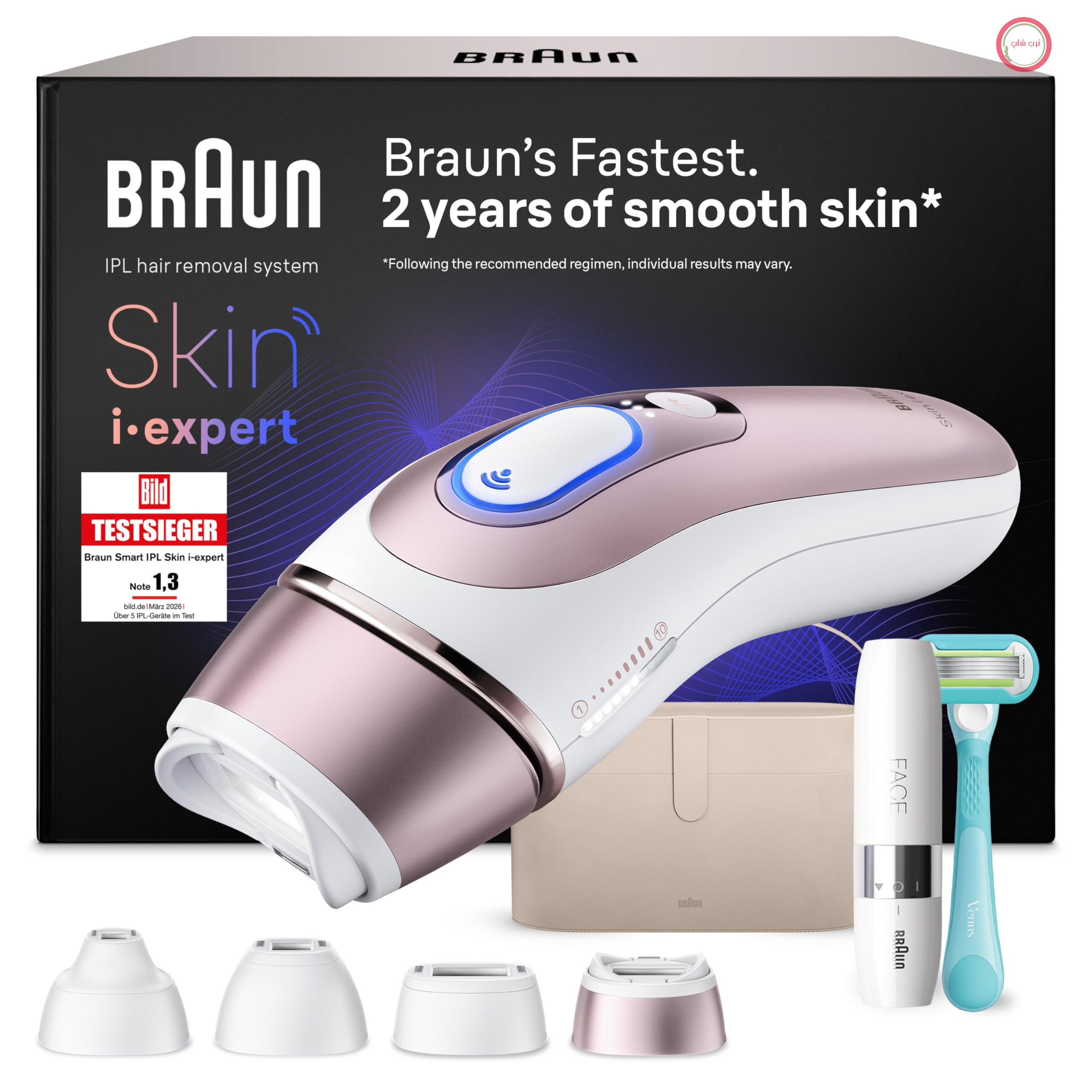 دستگاه رفع موهای زائد Braun Smart IPL Skin i·expert 7، PL7442، سفید/رزگلد - جایگزین لیزر موهای زائد، رفع دائمی موهای زائد، شامل قاب، تیغ کوچک، تیغ ونوس و 4 ضمیمه سفید/برنزی 4 ضمیمه