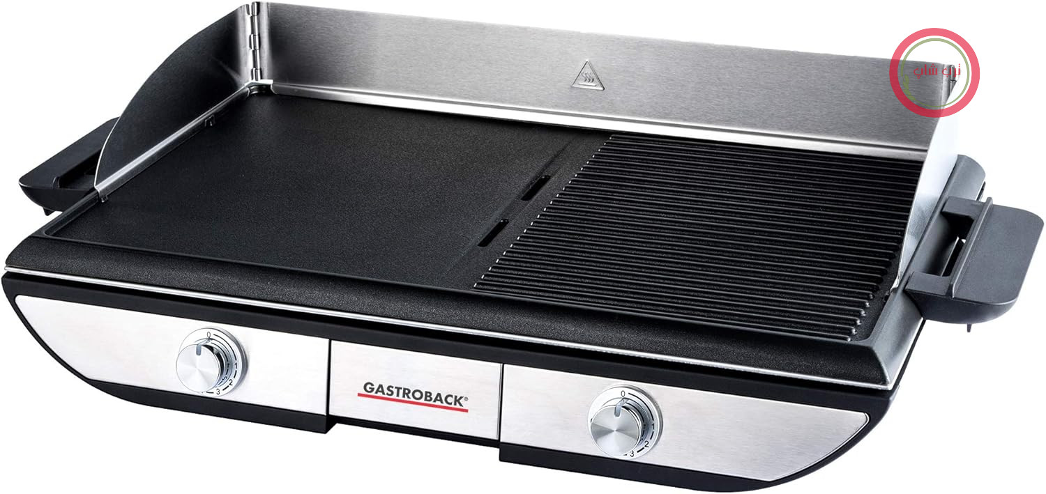 گریل کباب‌پز رومیزی طرح‌دار گاستروبک آلمان GASTROBACK شماره ۴۲۵۲۳ مدل Advanced Pro BBQ - کباب‌پز رومیزی برقی ۲۳۰۰ وات، سطح کباب‌پز ۱۵۰۰ سانتی‌متر مربع - تمیز کردن آسان - صفحات کباب‌پز قابل جدا شدن - استیل ضد زنگ نقره‌ای